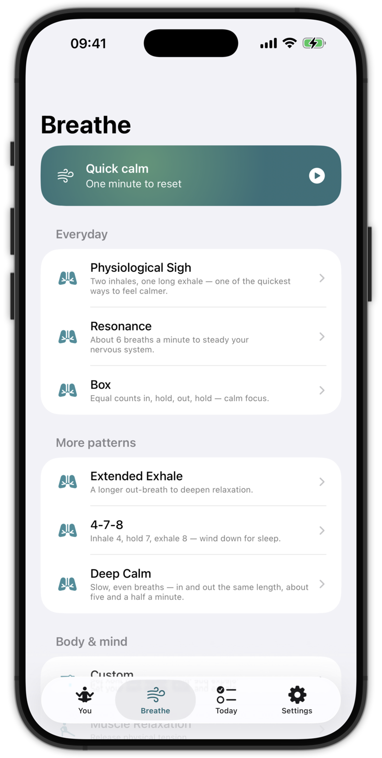 The breathing library: Physiological Sigh, Resonance, Box, 4-7-8 and more.