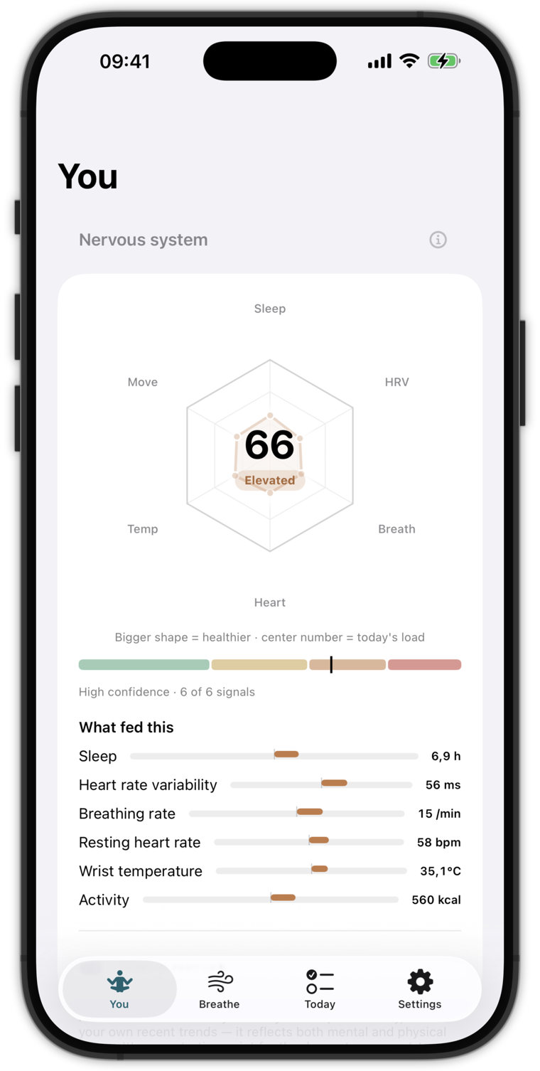 The Nervous System reading — a six-signal shape from your Apple Health recovery signals.