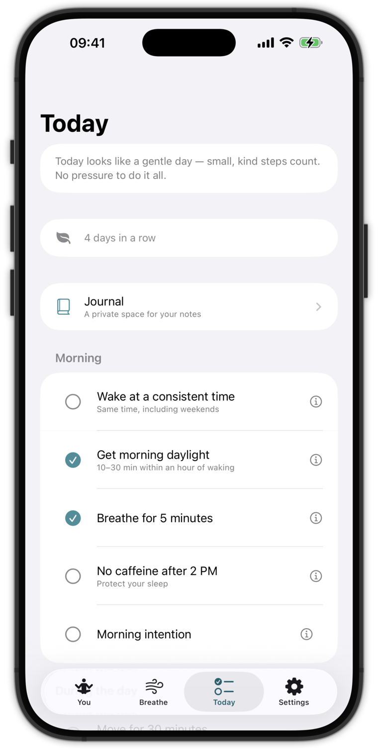 The Today tab — small, gentle steps toward a calmer day.
